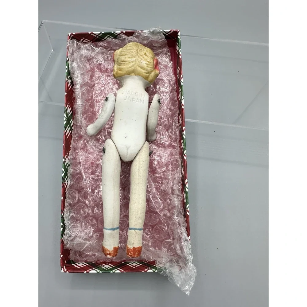 Antique Japanese All Bisque Doll Jointed Arms And Legs Blonde With Pink Bows
